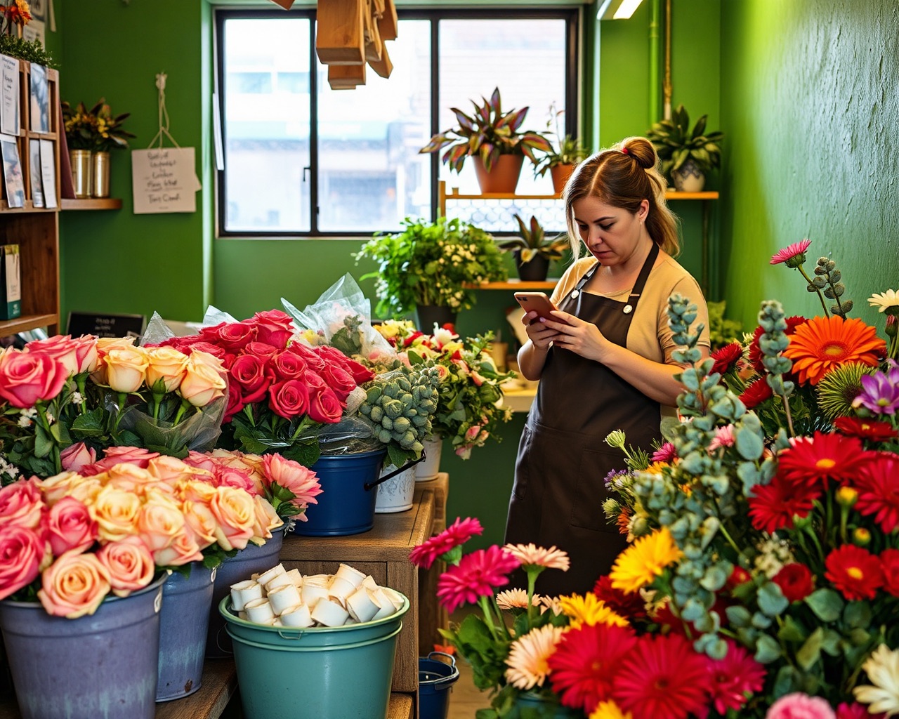 Mostrador de una florería con cubetas de rosas