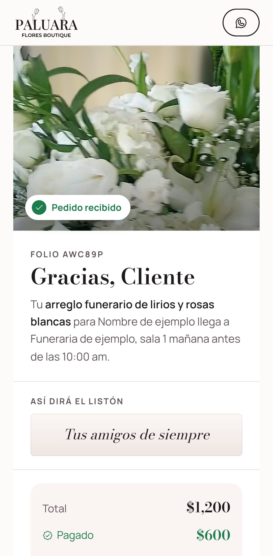 La página de seguimiento que recibe el cliente