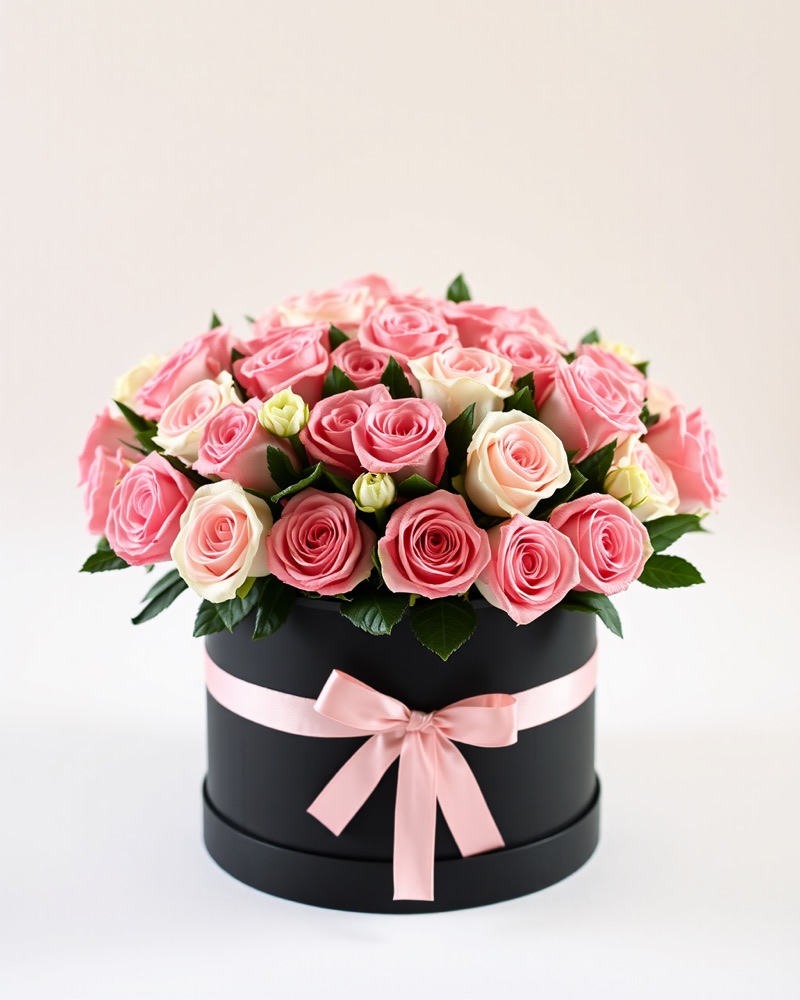 Caja de rosas rosas y blancas
