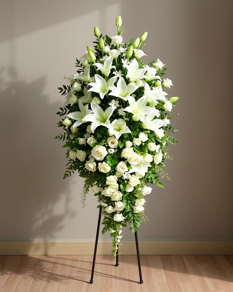 Arreglo funerario de lirios y rosas blancas