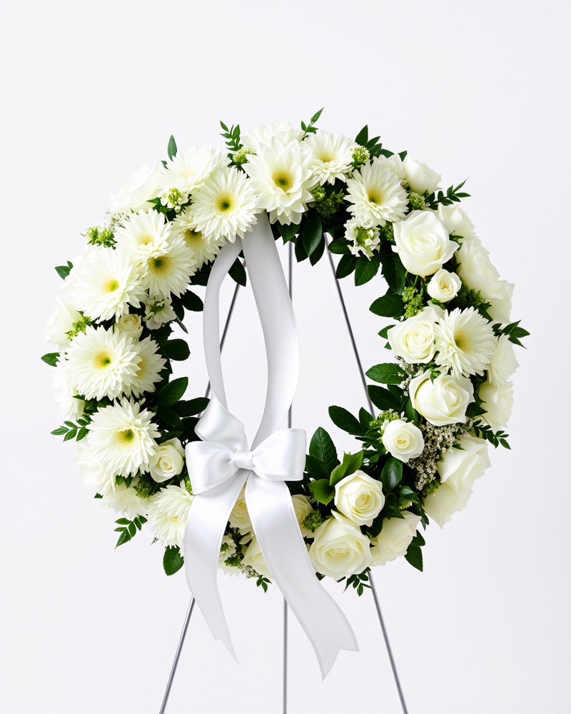 Corona de crisantemos y rosas blancas