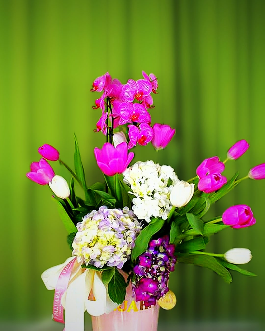 Arreglo de orquídeas y tulipanes